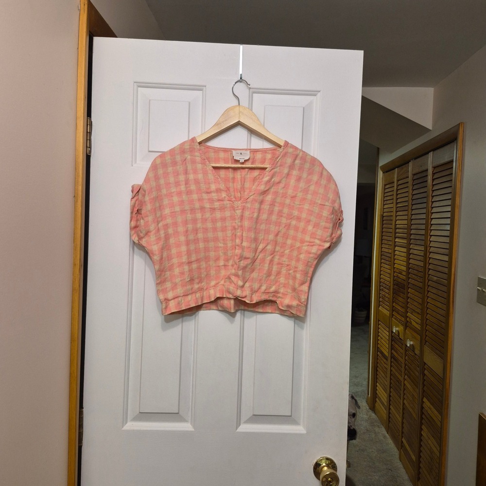 Lou & Grey Pink Gingham 100% Linen V-Neck Crop Top Small Short Sleeve Summer